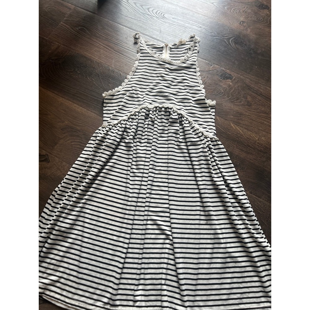 POL Striped Sleeveless Babydoll Mini Dress Black White Crochet Lace Trim Medium